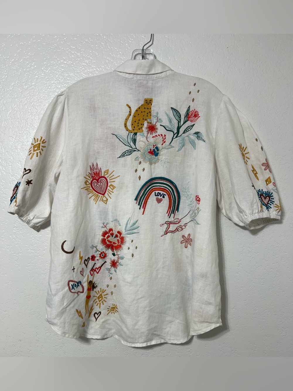 Johnny Was 100% Linen Embroidered Puff Sleeve Button Top White Size M - Picture 3 of 13